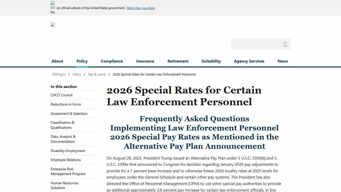 2026 Special Rates for Certain Law Enforcement Personnel