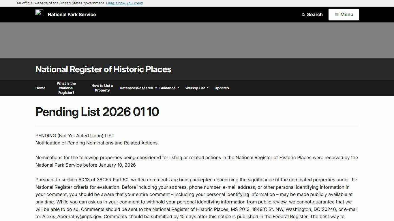 Pending List 2026 01 10 - National Register of Historic Places (U.S. National Park Service)